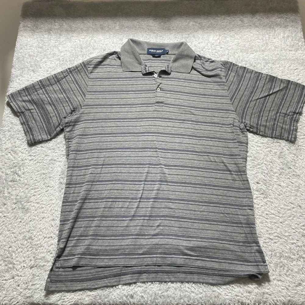 Polo Golf Ralph Lauren Mens Large Gray Blue Striped Pima Cotton Polo Shirt L